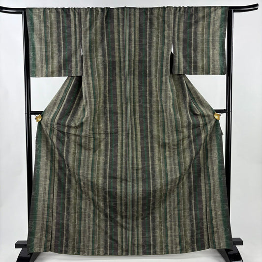 【美品】 紬織 身長166.5cm 袖長66cm M 雙層 観世水 縱條 灰綠 純蠶絲 秀品級