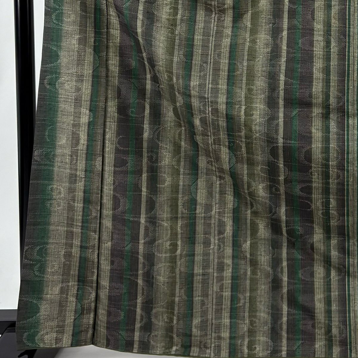 【美品】 紬織 身長166.5cm 袖長66cm M 雙層 観世水 縱條 灰綠 純蠶絲 秀品級