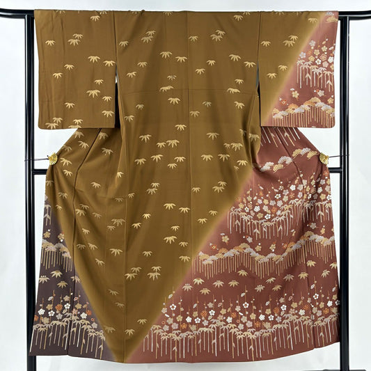 付下 身長151.5cm 袖長64cm M 雙層 ますいわ屋 松樹竹子梅花 金銀彩 染分 茶 純蠶絲 秀品級