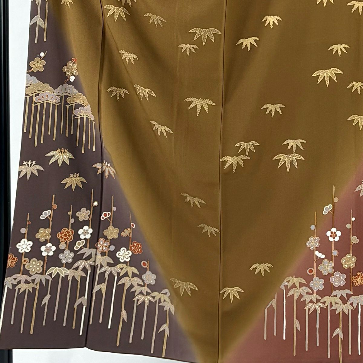付下 身長151.5cm 袖長64cm M 雙層 ますいわ屋 松樹竹子梅花 金銀彩 染分 茶 純蠶絲 秀品級