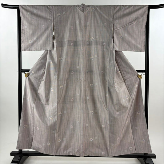 【美品】 大島紬織 身長157.5cm 袖長64.5cm M 雙層 都喜ヱ門 證書附帶 旋梅花 斜條 灰紫 純蠶絲 逸品級
