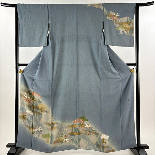 訪問服 身長163cm 袖長64cm M 雙層 松樹井青青 落款あり 松樹 笹 金銀彩 漸層 青灰色 純蠶絲 逸品級