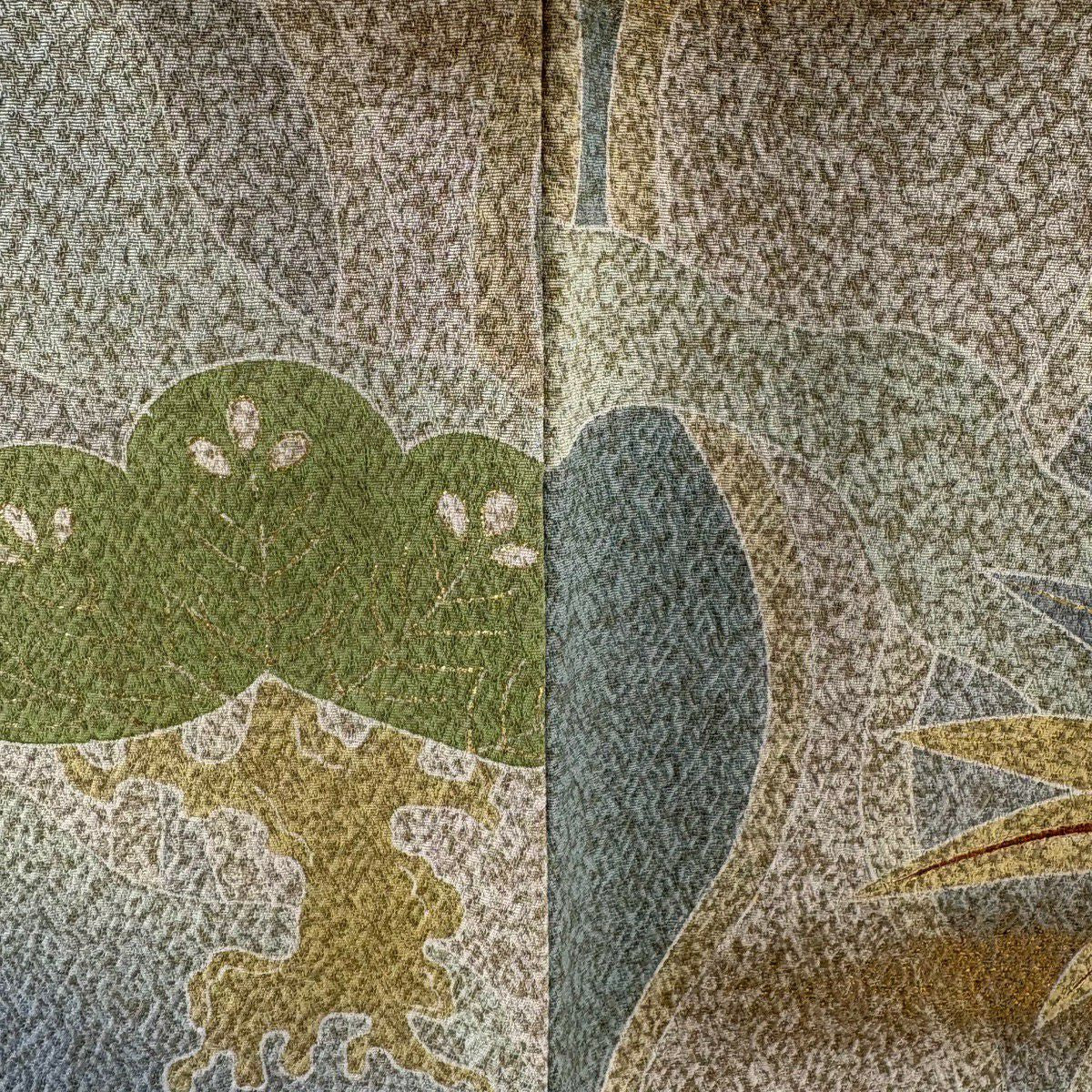 訪問服 身長163cm 袖長64cm M 雙層 松樹井青青 落款あり 松樹 笹 金銀彩 漸層 青灰色 純蠶絲 逸品級