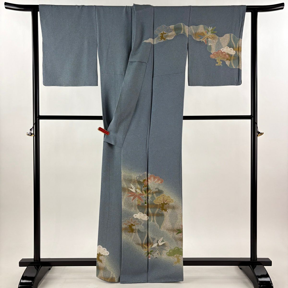 訪問服 身長163cm 袖長64cm M 雙層 松樹井青青 落款あり 松樹 笹 金銀彩 漸層 青灰色 純蠶絲 逸品級