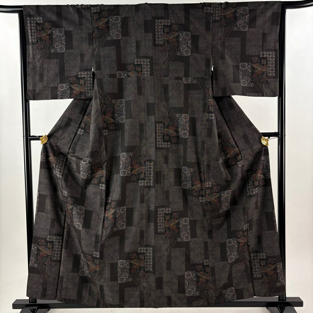 【美品】 大島紬織 身長159.5cm 袖長65cm M 雙層 都喜ヱ門 泥染 證書齊全 鳳凰 花唐草紋 焦茶 純蠶絲 逸品級
