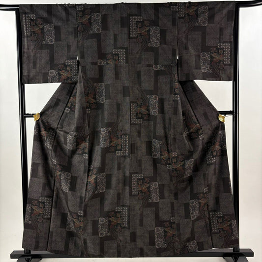 【美品】 大島紬織 身長159.5cm 袖長65cm M 雙層 都喜ヱ門 泥染 證書齊全 鳳凰 花唐草紋 焦茶 純蠶絲 逸品級
