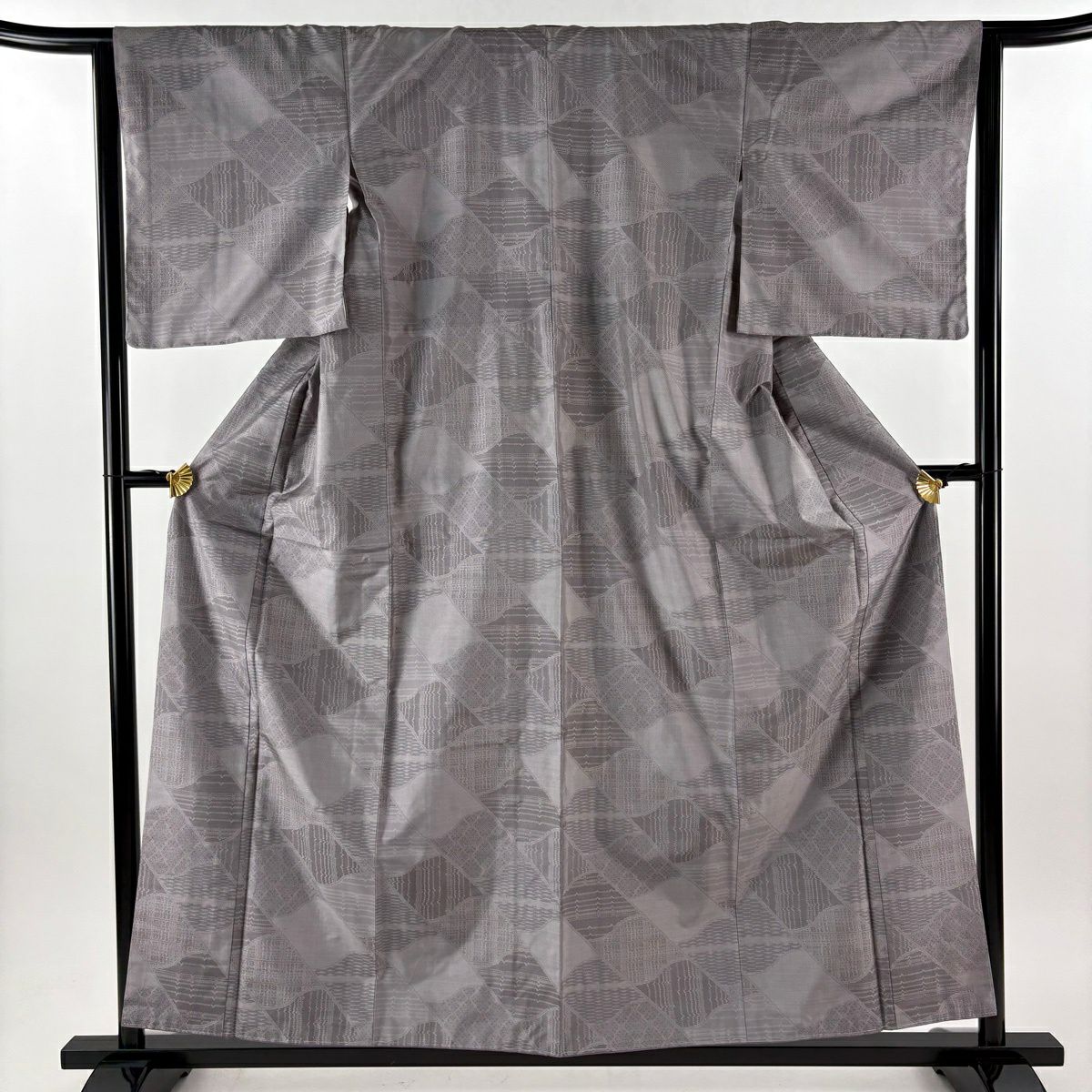 【美品】 大島紬織 身長157cm 袖長64cm M 雙層 都喜ヱ門 證書附帶 瓦 幾何圖案 灰紫 純蠶絲 逸品級