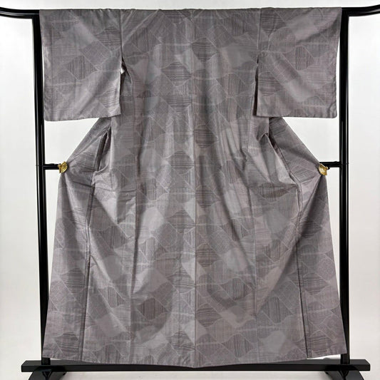 【美品】 大島紬織 身長157cm 袖長64cm M 雙層 都喜ヱ門 證書附帶 瓦 幾何圖案 灰紫 純蠶絲 逸品級