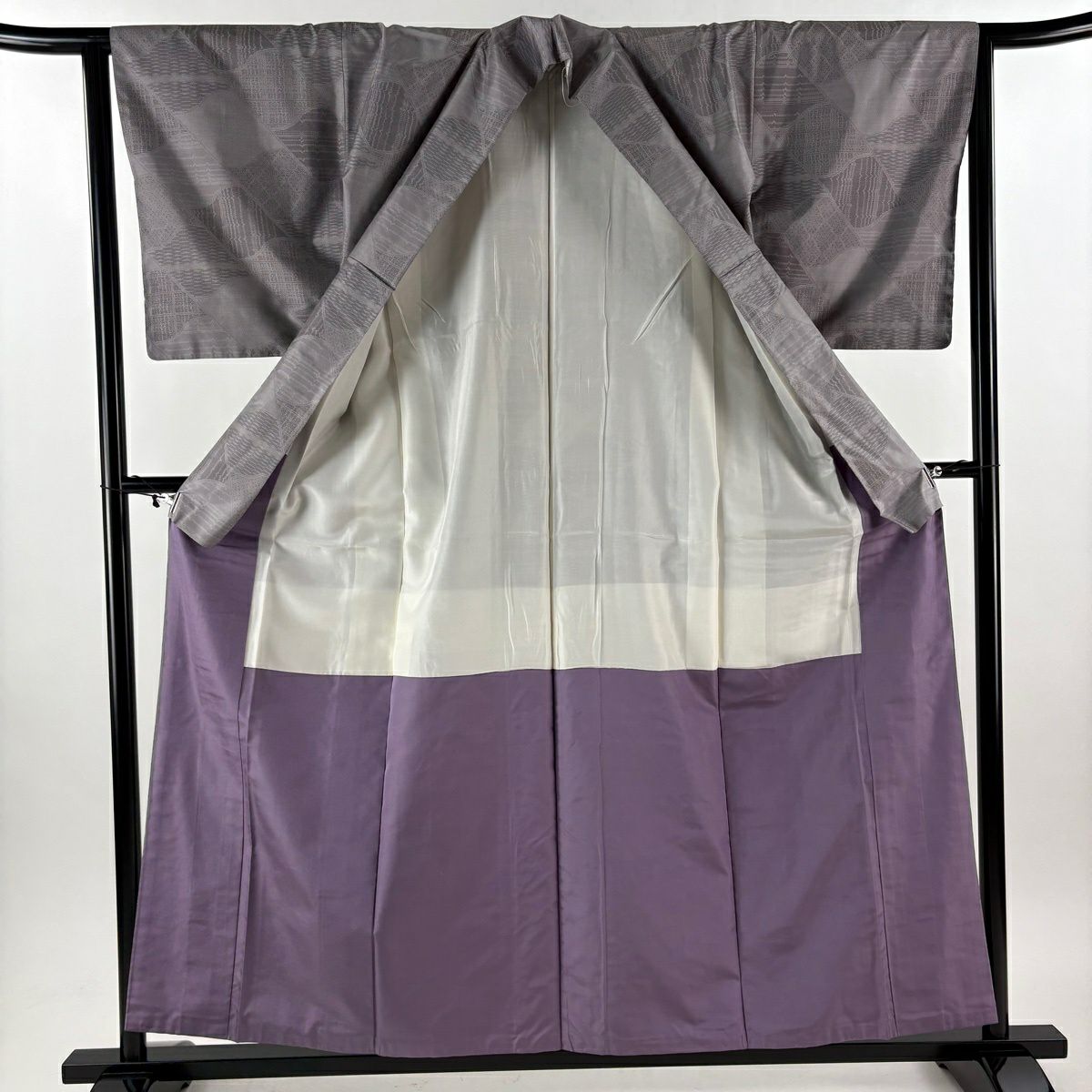 【美品】 大島紬織 身長157cm 袖長64cm M 雙層 都喜ヱ門 證書附帶 瓦 幾何圖案 灰紫 純蠶絲 逸品級