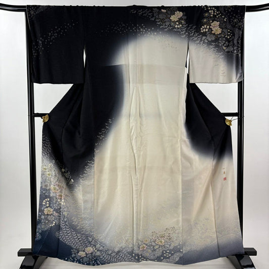 訪問服 身長163.5cm 袖長66cm M 雙層 吉乃一廉 落款あり 辻花染 流水 金銀彩 漸層 黑 純蠶絲 逸品級
