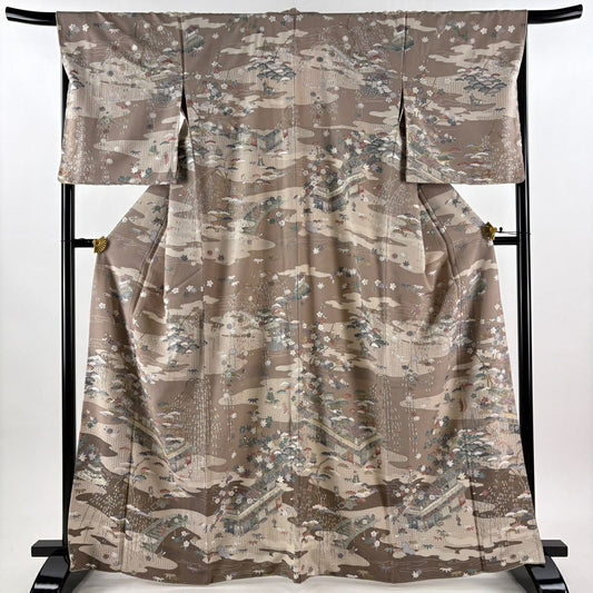 【美品】訪問服 身長165cm 袖長68cm L 雙層 建物 松樹竹子梅花 金糸刺繡 灰茶 純蠶絲 逸品級