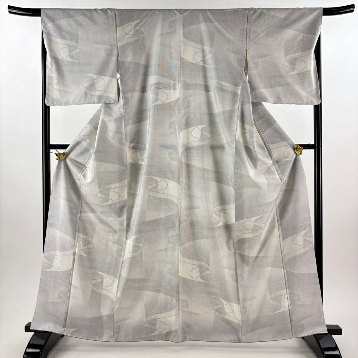 【美品】 紬織 身長164cm 袖長67.5cm L 雙層 幾何圖案 灰白 純蠶絲 逸品級