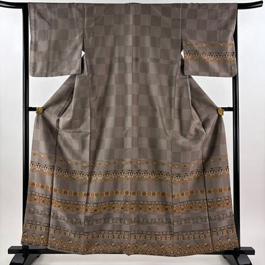 【美品】 付下 身長160cm 袖長65cm M 雙層 お召地 名物裂圖案 紗綾形 灰紫 純蠶絲 逸品級