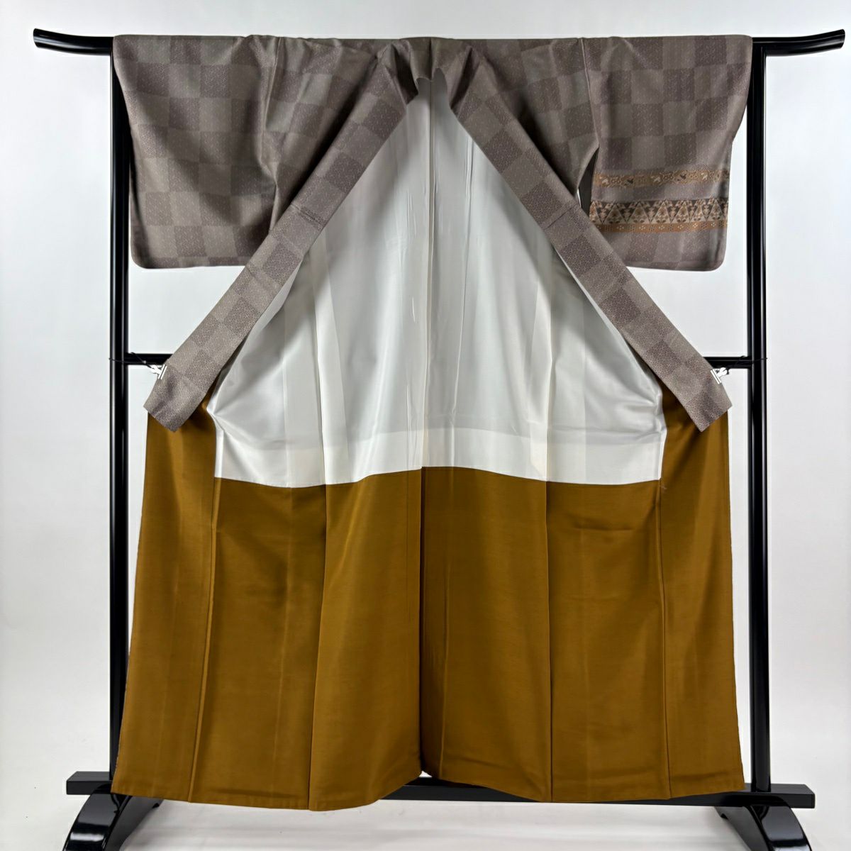 【美品】 付下 身長160cm 袖長65cm M 雙層 お召地 名物裂圖案 紗綾形 灰紫 純蠶絲 逸品級