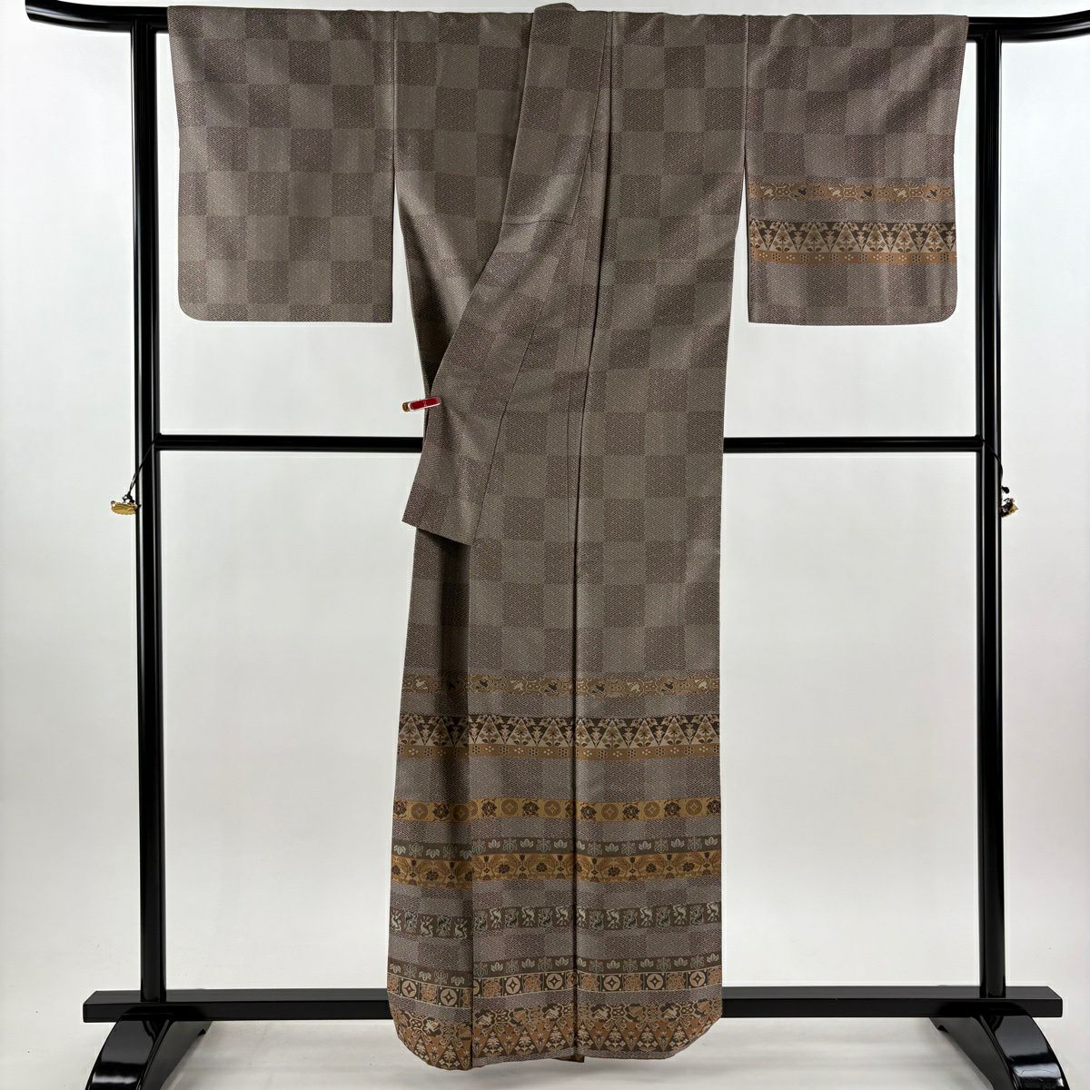 【美品】 付下 身長160cm 袖長65cm M 雙層 お召地 名物裂圖案 紗綾形 灰紫 純蠶絲 逸品級