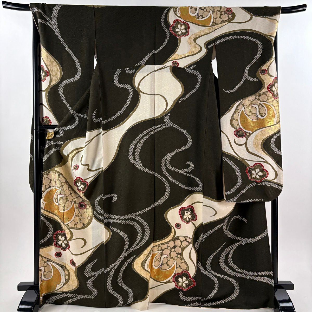 【美品】振袖禮服 身長169.5cm 袖長68cm L 雙層 仙鶴 梅花 金通し 金銀彩 焦茶 純蠶絲 逸品級