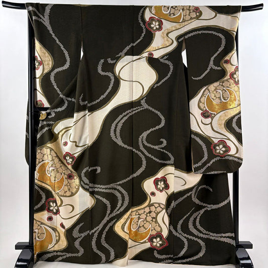 【美品】振袖禮服 身長169.5cm 袖長68cm L 雙層 仙鶴 梅花 金通し 金銀彩 焦茶 純蠶絲 逸品級