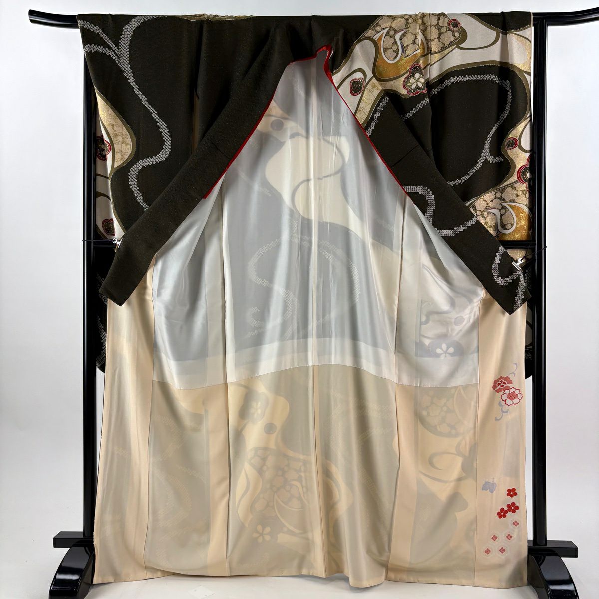 【美品】振袖禮服 身長169.5cm 袖長68cm L 雙層 仙鶴 梅花 金通し 金銀彩 焦茶 純蠶絲 逸品級