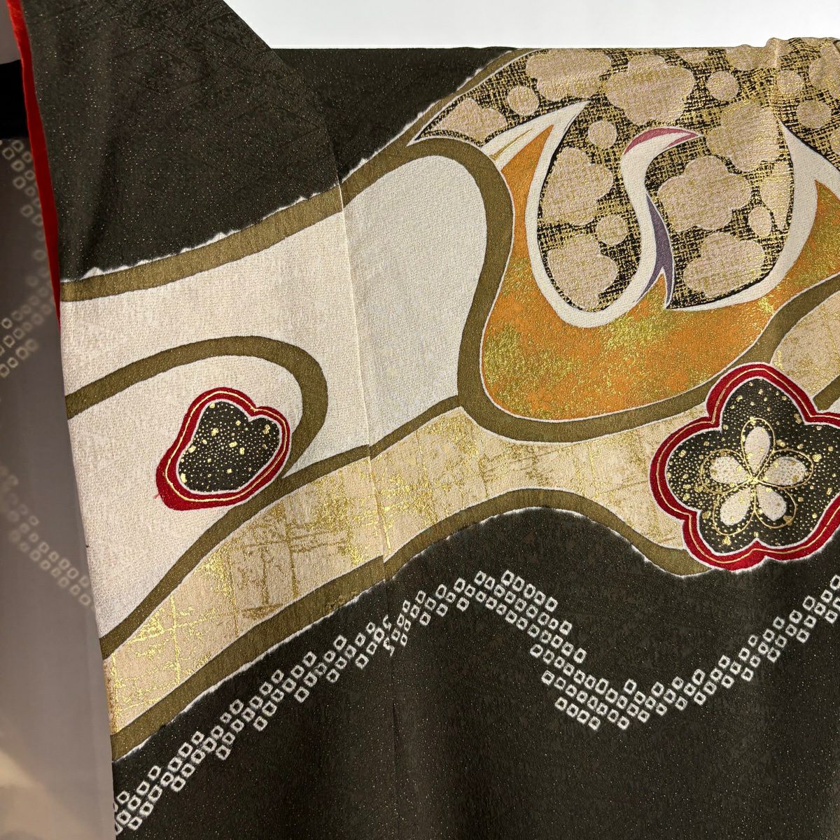 【美品】振袖禮服 身長169.5cm 袖長68cm L 雙層 仙鶴 梅花 金通し 金銀彩 焦茶 純蠶絲 逸品級
