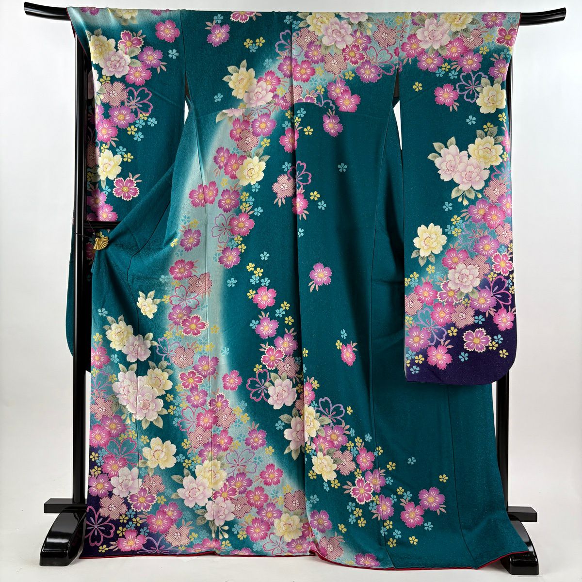 【美品】振袖禮服 身長175.5cm 袖長69.5cm L 雙層 草花紋紋 金銀彩 刺繡 綠 純蠶絲 逸品級