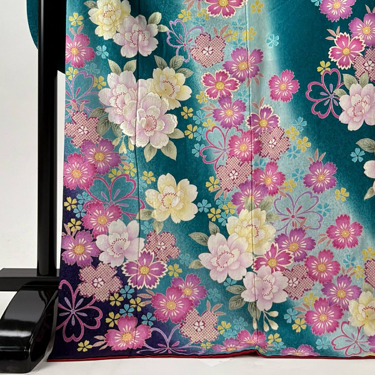 【美品】振袖禮服 身長175.5cm 袖長69.5cm L 雙層 草花紋紋 金銀彩 刺繡 綠 純蠶絲 逸品級