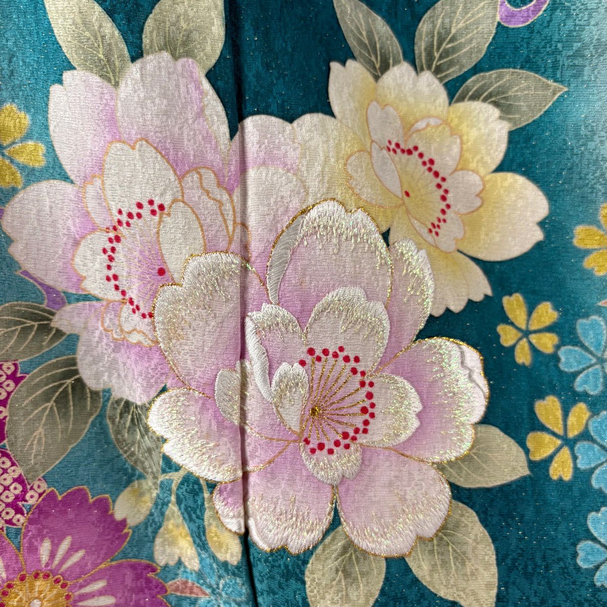 【美品】振袖禮服 身長175.5cm 袖長69.5cm L 雙層 草花紋紋 金銀彩 刺繡 綠 純蠶絲 逸品級