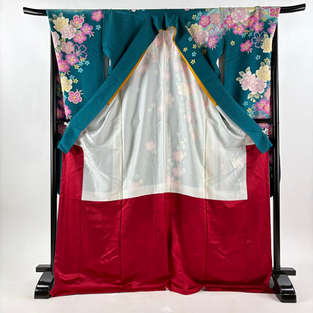 【美品】振袖禮服 身長175.5cm 袖長69.5cm L 雙層 草花紋紋 金銀彩 刺繡 綠 純蠶絲 逸品級