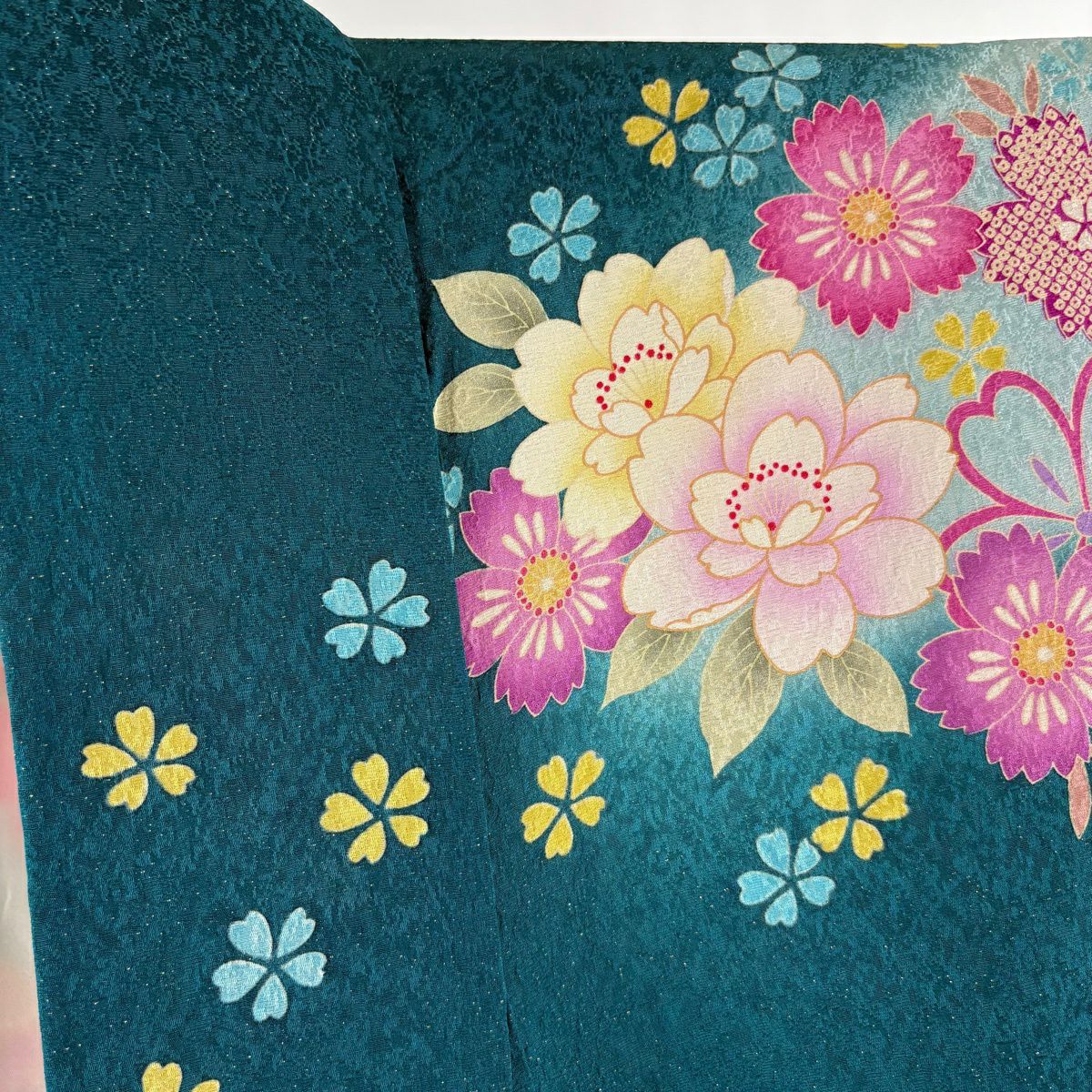 【美品】振袖禮服 身長175.5cm 袖長69.5cm L 雙層 草花紋紋 金銀彩 刺繡 綠 純蠶絲 逸品級