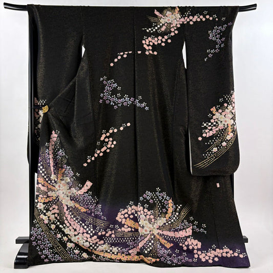 【美品】振袖禮服 身長174.5cm 袖長69cm L 雙層 徳永憲峯 落款あり 辻花染 金通し 金銀彩 黑 純蠶絲 逸品級