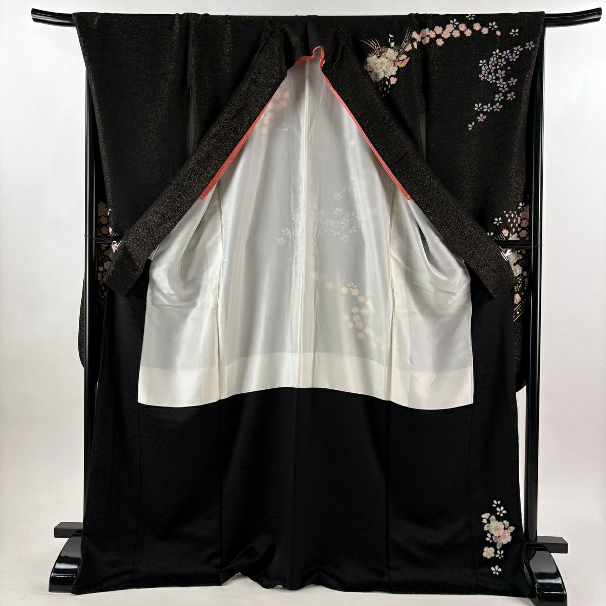 【美品】振袖禮服 身長174.5cm 袖長69cm L 雙層 徳永憲峯 落款あり 辻花染 金通し 金銀彩 黑 純蠶絲 逸品級