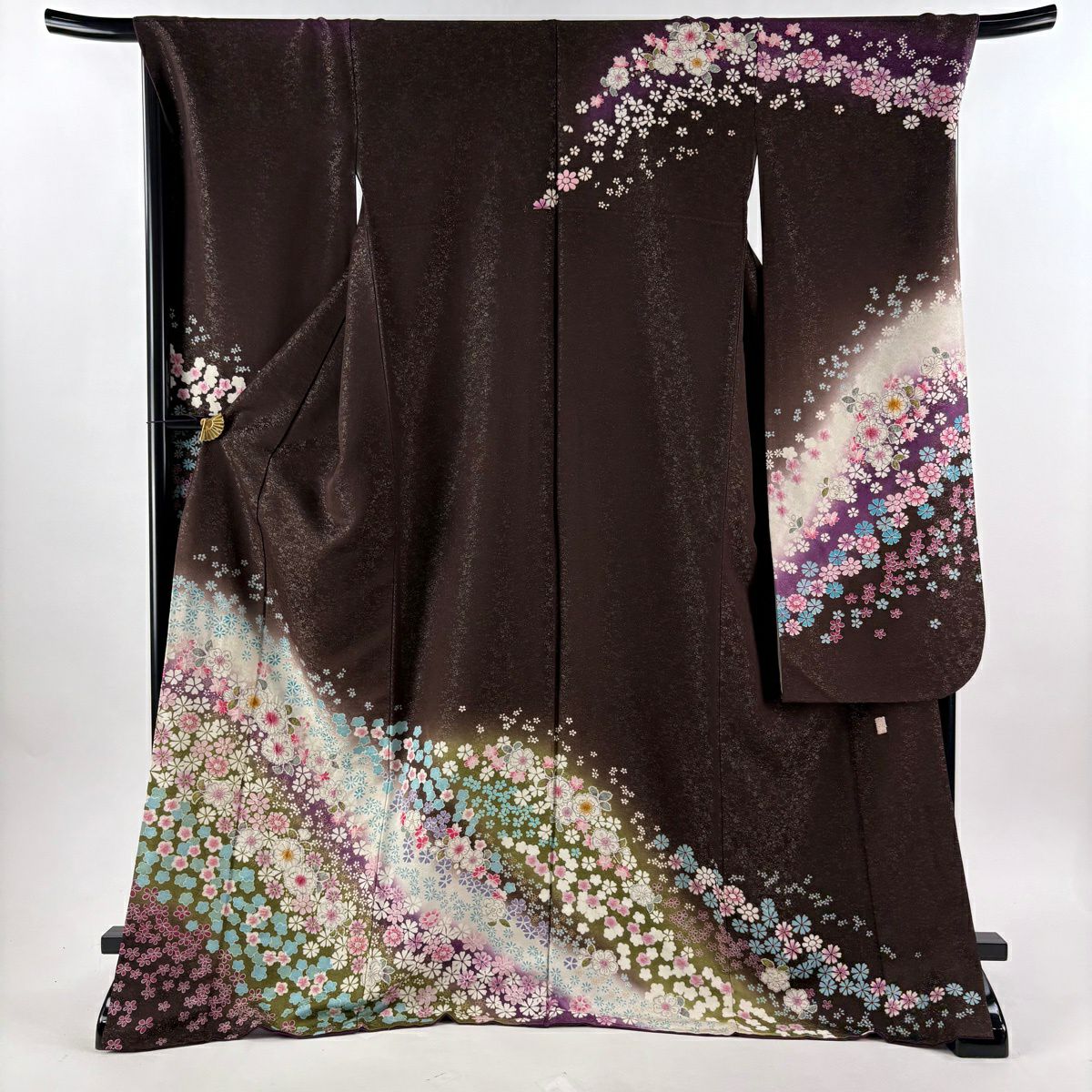 【美品】振袖禮服 身長175cm 袖長68.5cm L 雙層 德永憲峯 落款あり 辻花染 金通し 金銀彩 焦茶 純蠶絲 逸品級