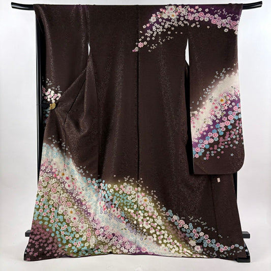 【美品】振袖禮服 身長175cm 袖長68.5cm L 雙層 德永憲峯 落款あり 辻花染 金通し 金銀彩 焦茶 純蠶絲 逸品級