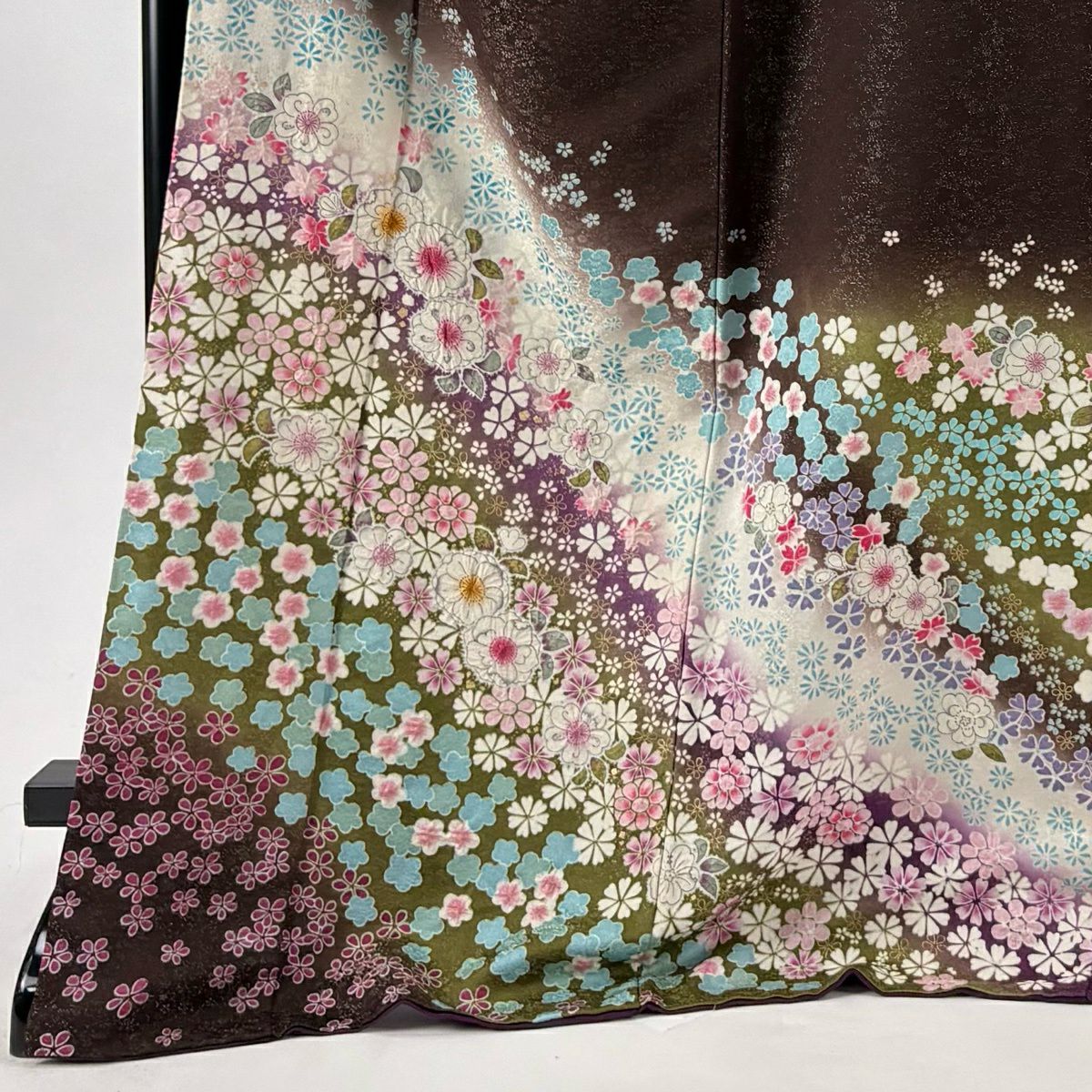 【美品】振袖禮服 身長175cm 袖長68.5cm L 雙層 德永憲峯 落款あり 辻花染 金通し 金銀彩 焦茶 純蠶絲 逸品級