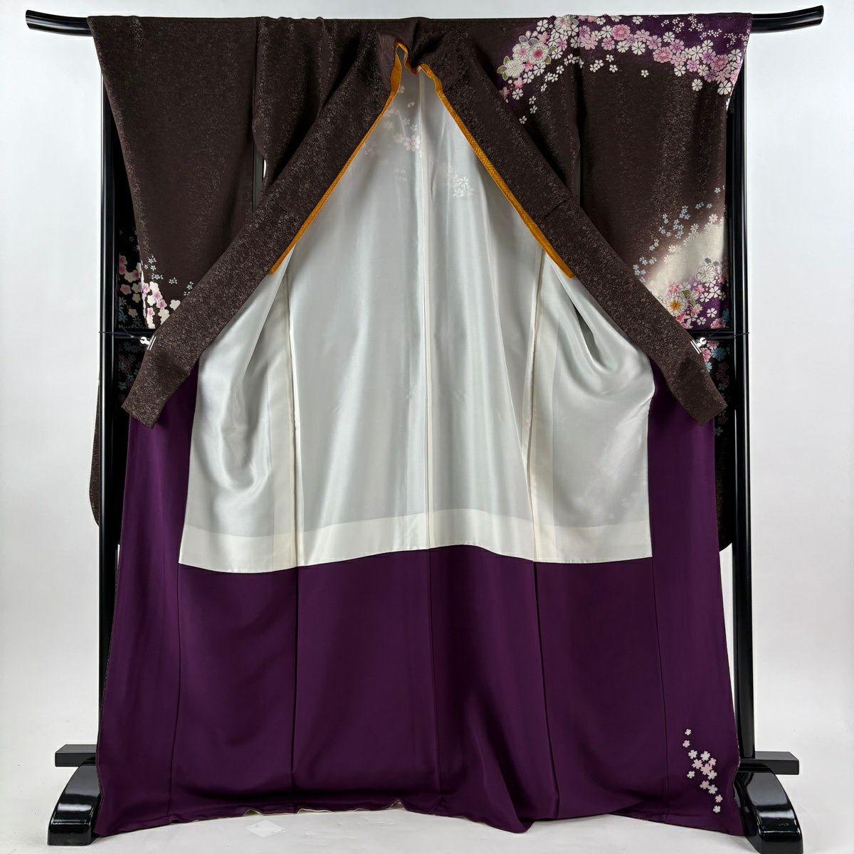 【美品】振袖禮服 身長175cm 袖長68.5cm L 雙層 德永憲峯 落款あり 辻花染 金通し 金銀彩 焦茶 純蠶絲 逸品級