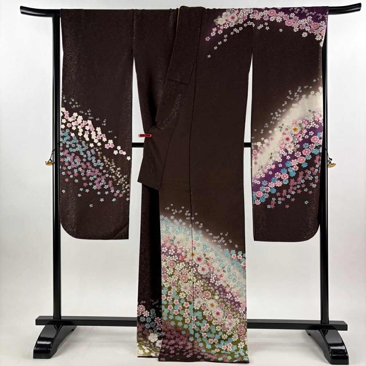【美品】振袖禮服 身長175cm 袖長68.5cm L 雙層 德永憲峯 落款あり 辻花染 金通し 金銀彩 焦茶 純蠶絲 逸品級