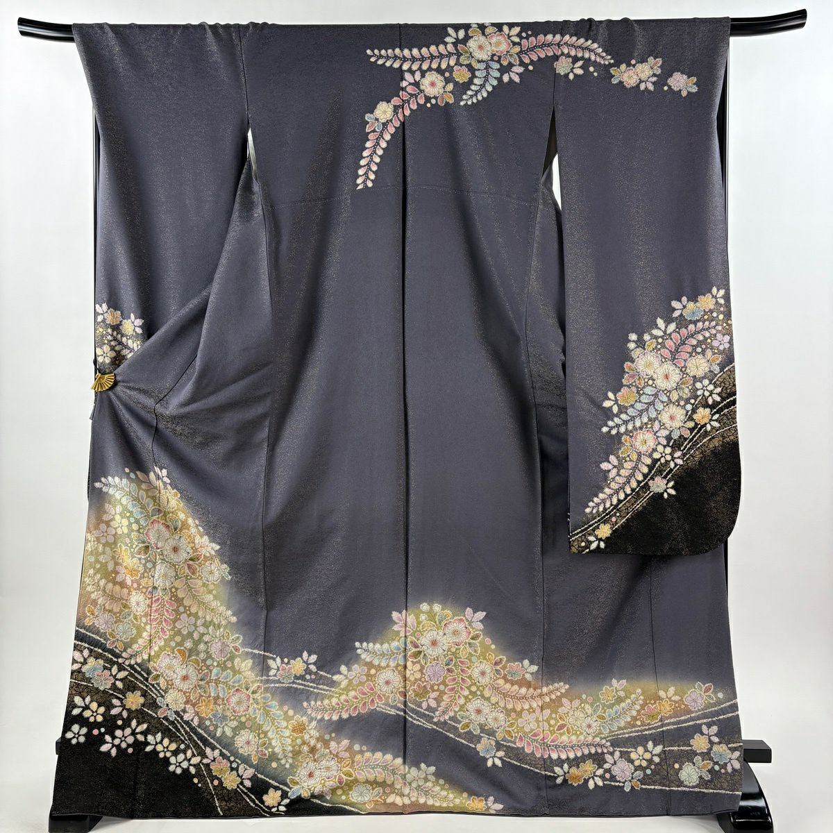 【美品】振袖禮服 身長172.5cm 袖長69.5cm L 雙層 德永憲峯 落款あり 辻花染 金通し 金銀彩 灰色 純蠶絲 逸品級