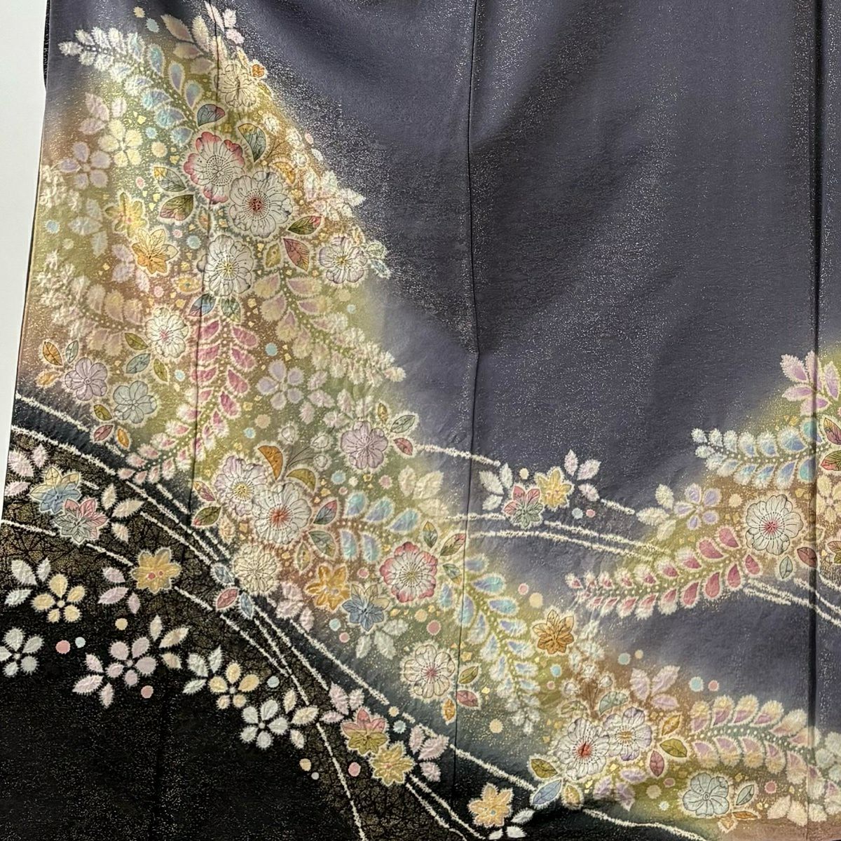 【美品】振袖禮服 身長172.5cm 袖長69.5cm L 雙層 德永憲峯 落款あり 辻花染 金通し 金銀彩 灰色 純蠶絲 逸品級