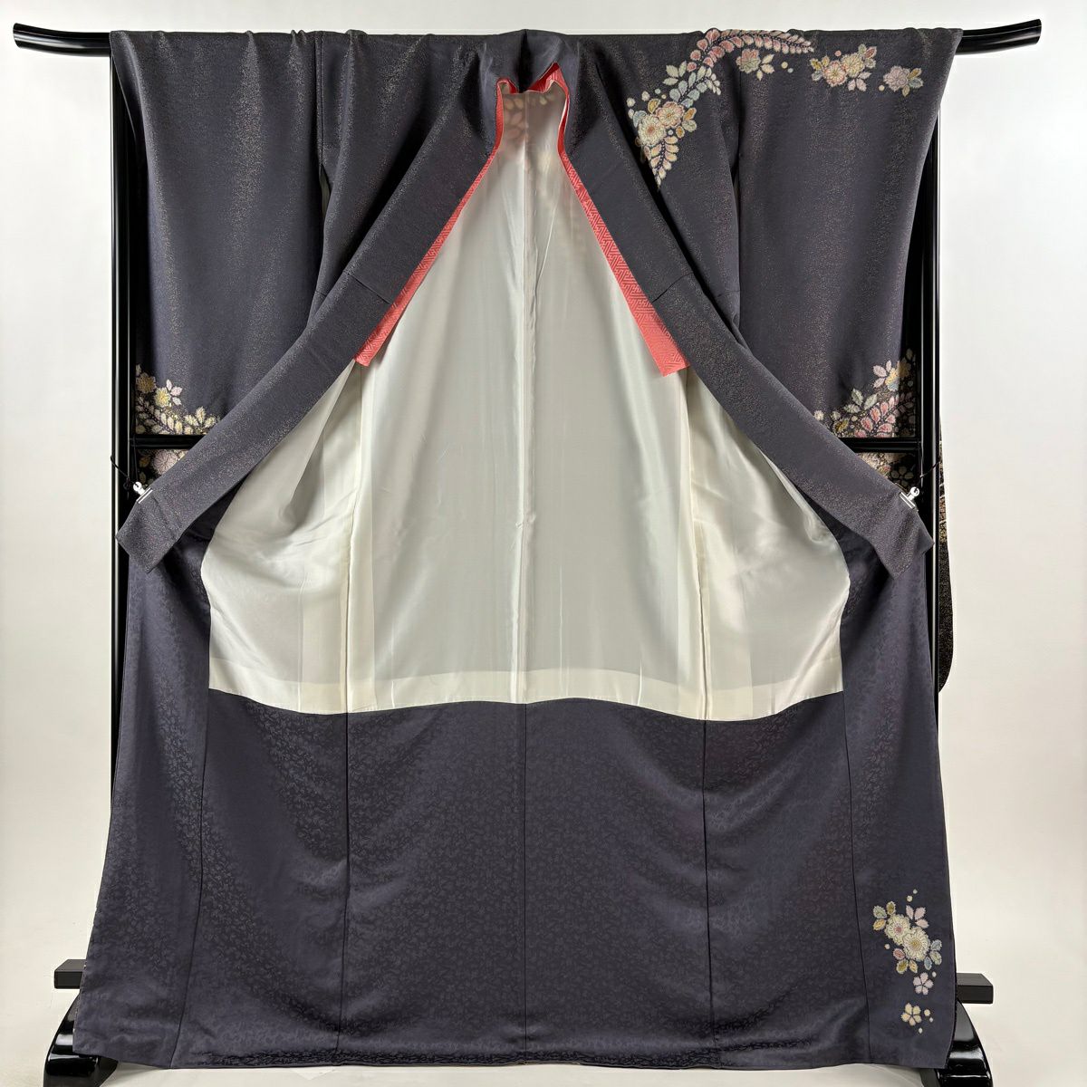 【美品】振袖禮服 身長172.5cm 袖長69.5cm L 雙層 德永憲峯 落款あり 辻花染 金通し 金銀彩 灰色 純蠶絲 逸品級
