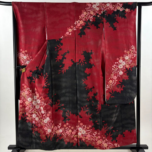 振袖禮服 身長156.5cm 袖長64.5cm M 雙層 徳永憲峯 落款あり 草花紋紋 輪廓 銀通し 絞染 紅 純蠶絲 逸品級