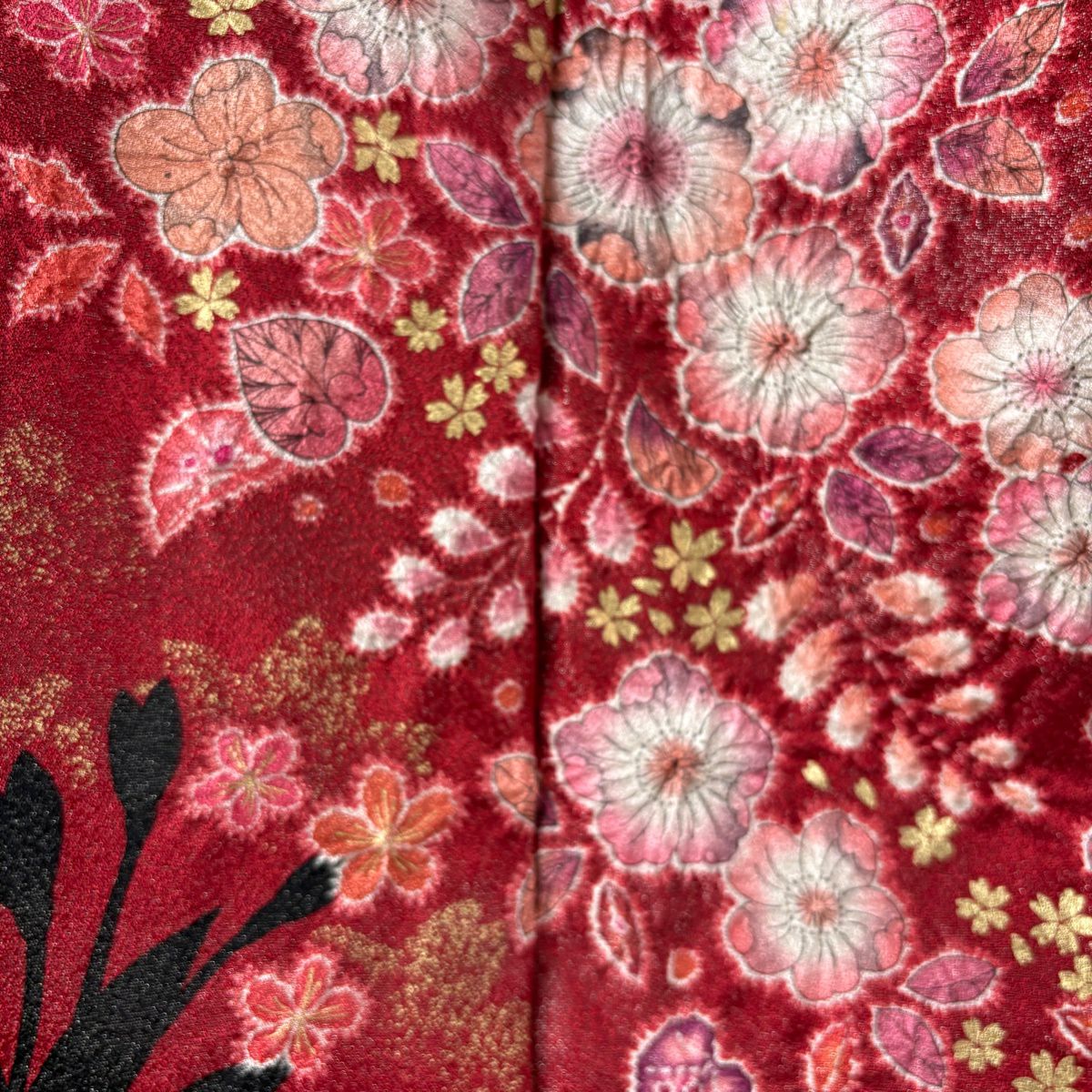 振袖禮服 身長156.5cm 袖長64.5cm M 雙層 徳永憲峯 落款あり 草花紋紋 輪廓 銀通し 絞染 紅 純蠶絲 逸品級