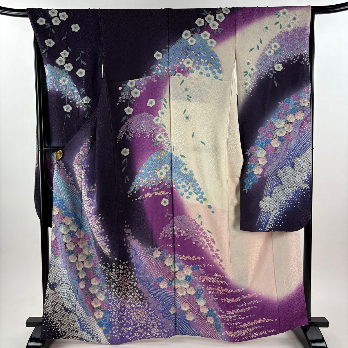 【美品】振袖禮服 身長164cm 袖長68cm L 雙層 草花紋紋 花瓣 銀彩 漸層 深紫 純蠶絲 逸品級