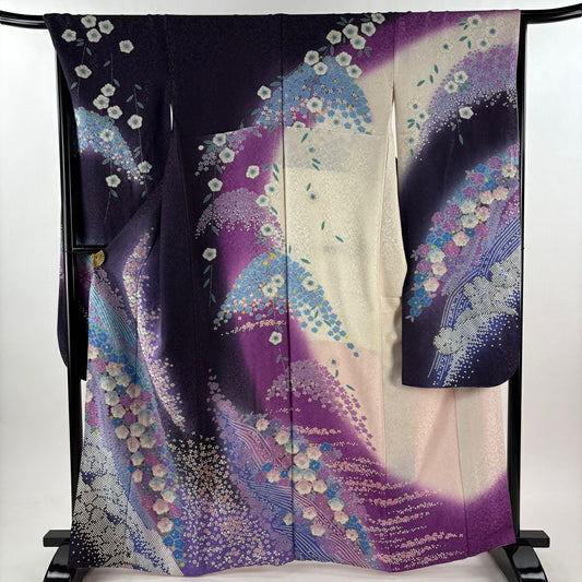 【美品】振袖禮服 身長164cm 袖長68cm L 雙層 草花紋紋 花瓣 銀彩 漸層 深紫 純蠶絲 逸品級