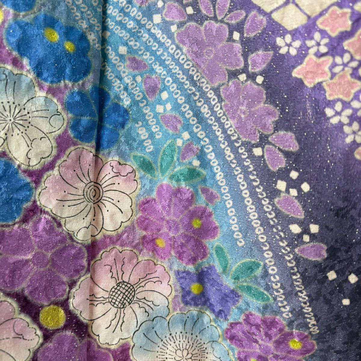 【美品】振袖禮服 身長164cm 袖長68cm L 雙層 草花紋紋 花瓣 銀彩 漸層 深紫 純蠶絲 逸品級
