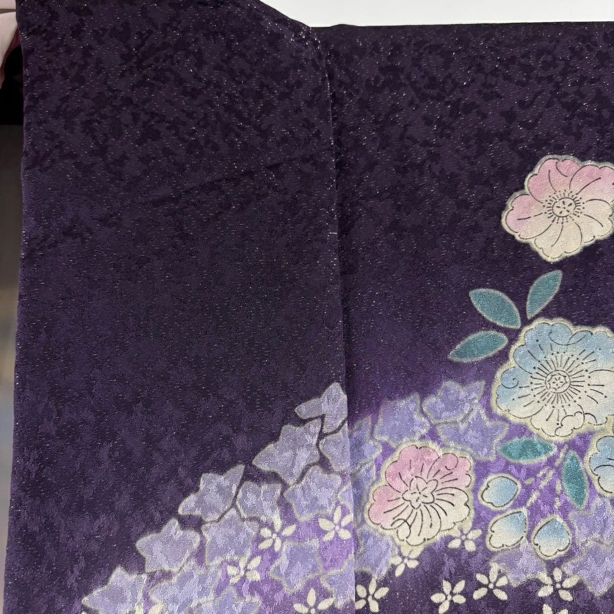 【美品】振袖禮服 身長164cm 袖長68cm L 雙層 草花紋紋 花瓣 銀彩 漸層 深紫 純蠶絲 逸品級