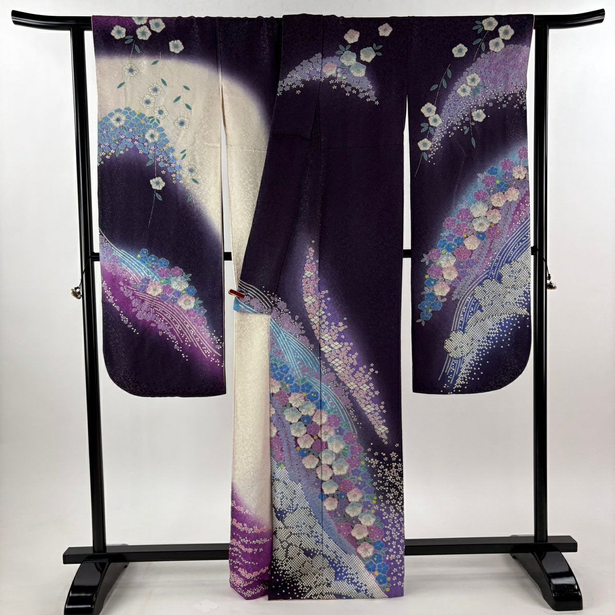 【美品】振袖禮服 身長164cm 袖長68cm L 雙層 草花紋紋 花瓣 銀彩 漸層 深紫 純蠶絲 逸品級