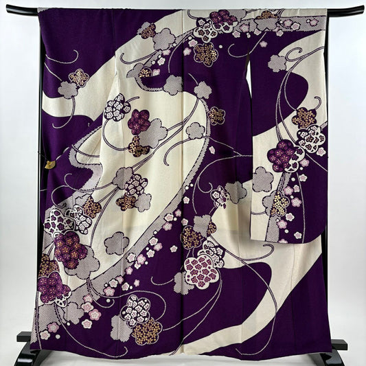 振袖禮服 身長163.5cm 袖長67cm M 雙層 梅花 唐草紋 銀通 金絲 奶油色 純蠶絲 逸品級