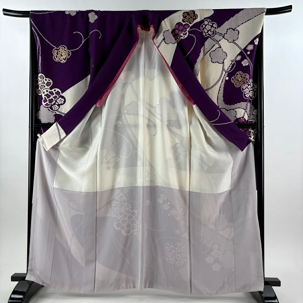 振袖禮服 身長163.5cm 袖長67cm M 雙層 梅花 唐草紋 銀通 金絲 奶油色 純蠶絲 逸品級