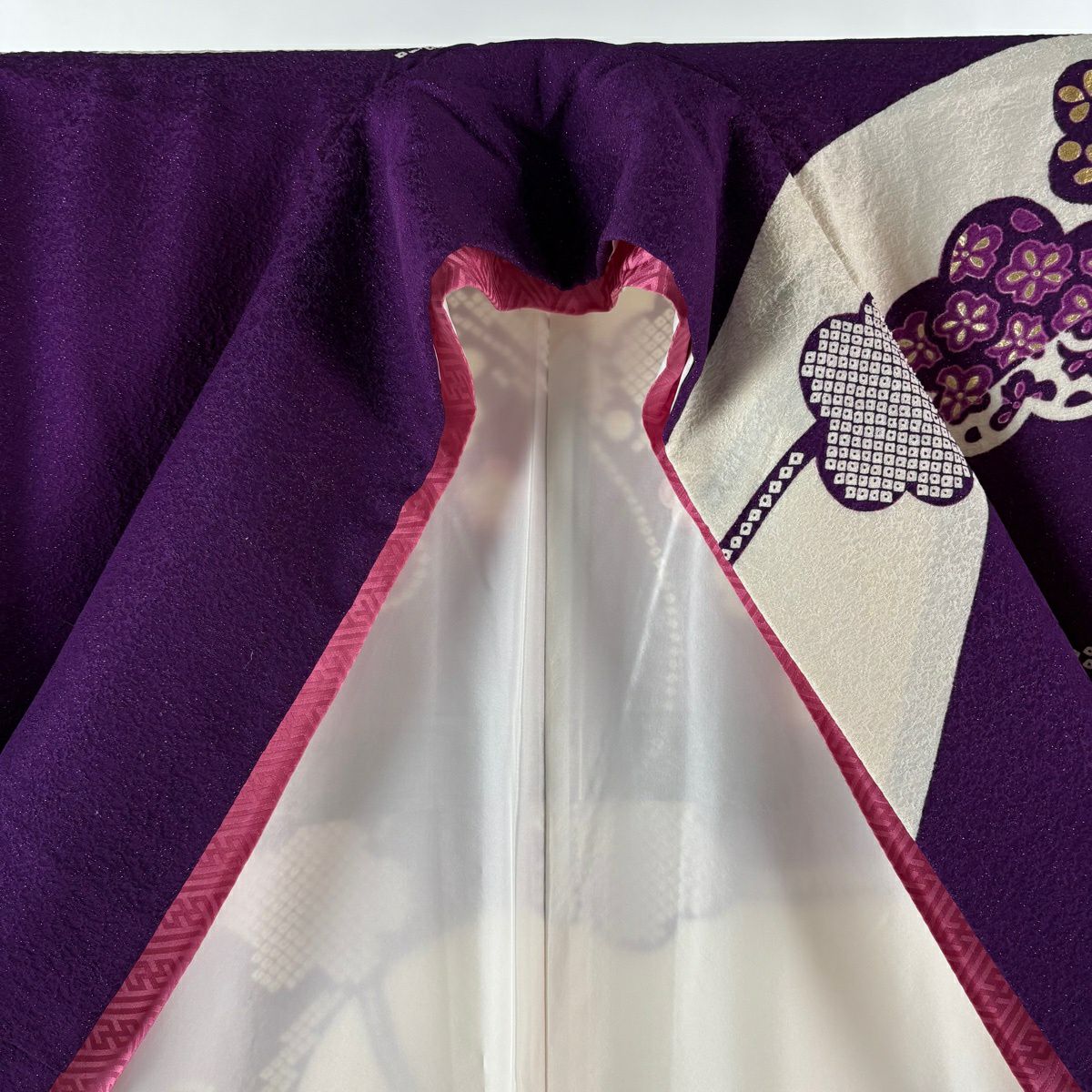 振袖禮服 身長163.5cm 袖長67cm M 雙層 梅花 唐草紋 銀通 金絲 奶油色 純蠶絲 逸品級