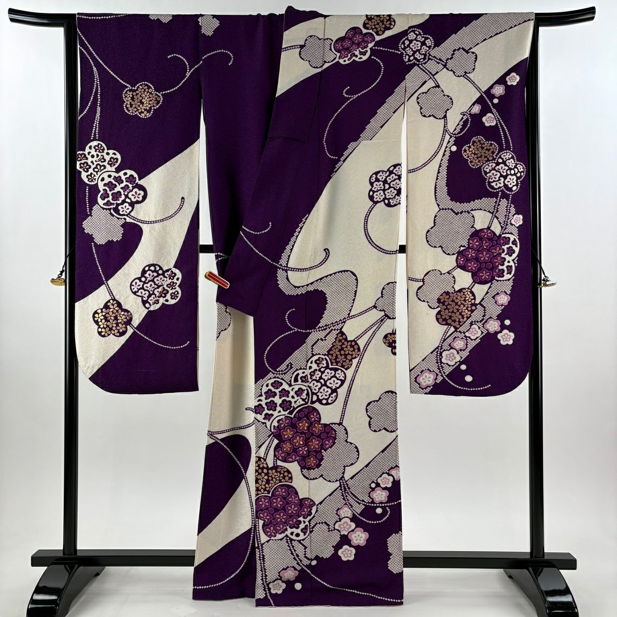 振袖禮服 身長163.5cm 袖長67cm M 雙層 梅花 唐草紋 銀通 金絲 奶油色 純蠶絲 逸品級