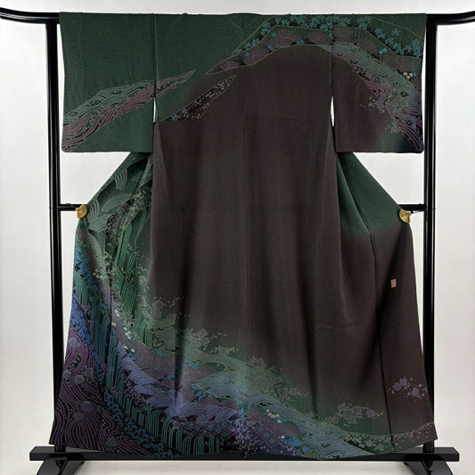 【美品】訪問服 身長157.5cm 袖長63cm S 雙層 滝泰 鈴乃屋 落款あり 松樹梅花 波 金通し 絞染 綠 純蠶絲 逸品級